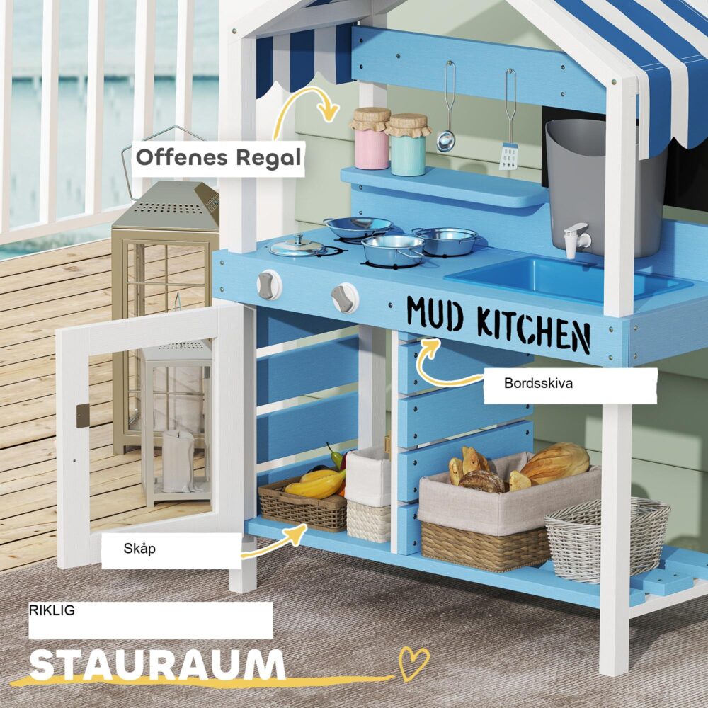 Mud Kitchen Kids Utomhus Trä Trädgård Lekkök med spis, diskbänk, kran, förvaringshyllor, Rostfritt stål Köksredskap och Tillbehör – Realistisk matlagning kul för barn 3-7 år