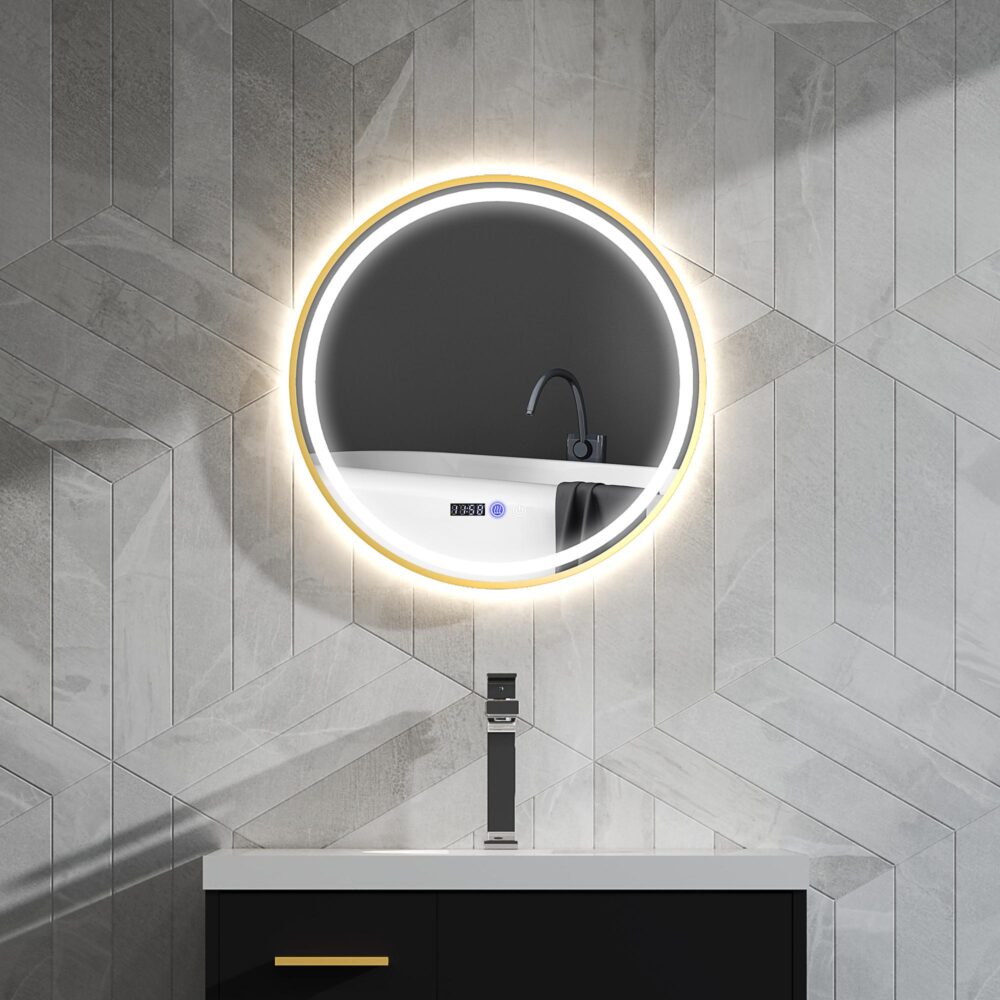 Rund badrumsspegel med justerbar LED-belysning, 3 färglägen, anti-dimma-funktionalitet, inbyggd tid- och temperaturvisning, 60 cm diameter