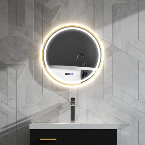 Rund badrumsspegel med justerbar LED-belysning, 3 färglägen, anti-dimma-funktionalitet, inbyggd tid- och temperaturvisning, 60 cm diameter