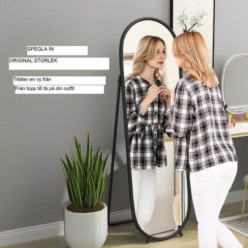 Helfigursspegel med stativ – kristallklara reflektioner, rostfri metallram, elegant oval design för sovrum och vardagsrum | Ingen montering krävs
