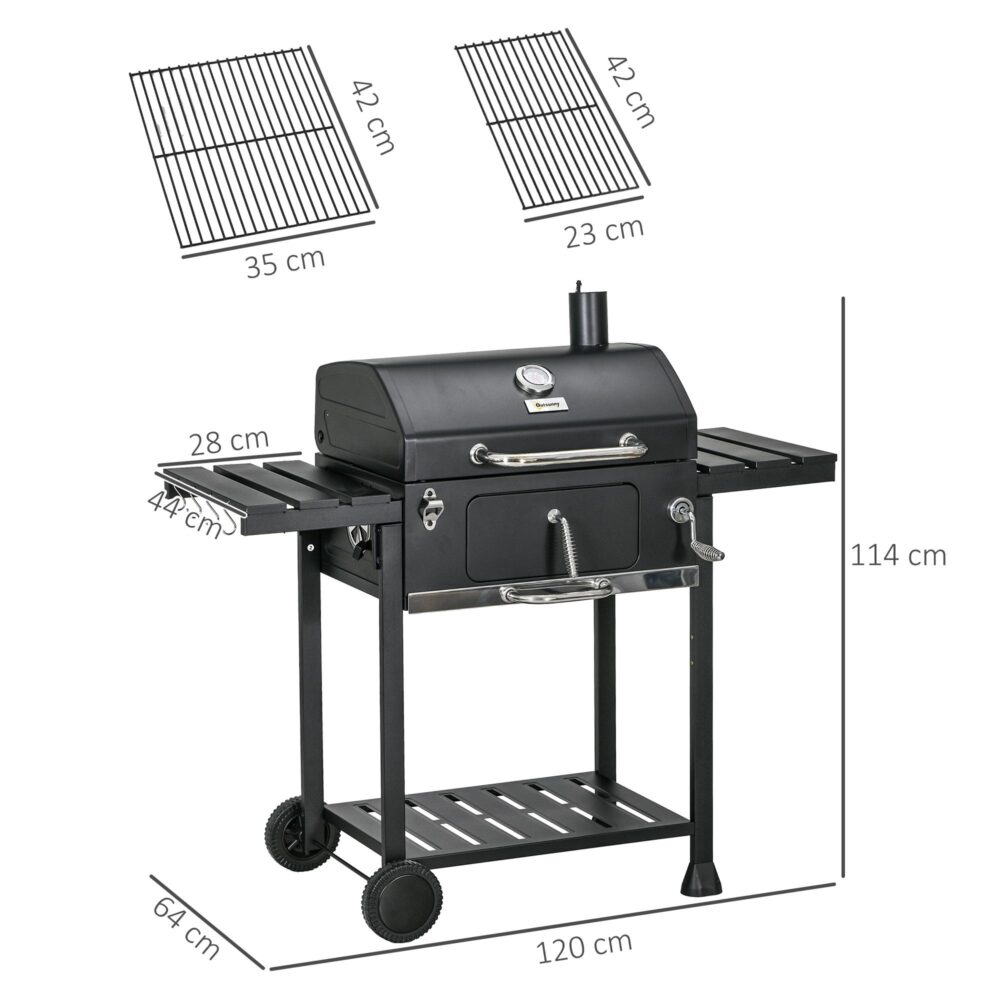 Kolgrill Campinggrill med två grillgaller – temperaturkontroll och stor grillyta | Handtag i rostfritt stål, fällbara sidohyllor, enkel rörlighet