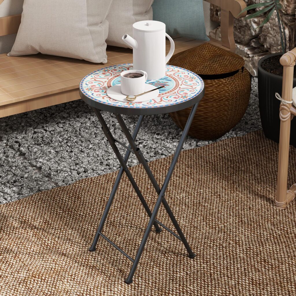 Hopfällbart trädgårdsbord med mosaikdesign - flerfärgat, platsbesparande, väderbeständigt metallbord för utomhus- och inomhusbruk