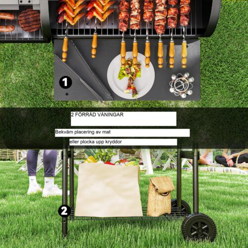 Stål kolgrill BBQ rökare med lock termometer hjul förvaring mobil grillvagn för grill camping trädgård – 2-i-1 design, hållbar stålram, enkel rörlighet