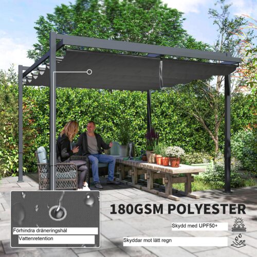 Pergola Paviljong 3,5x3m aluminium Stabil Vinterbeständig med Justerbar Taklucka – UPF50+ Skydd, rostfri ram och markankare ingår