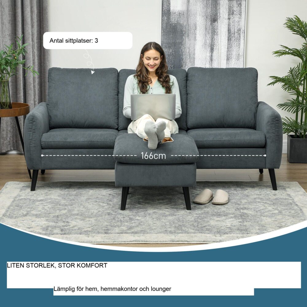 Hörnsoffa med sovfunktion | Modern L-formad soffa med fotpall och 3 kuddar