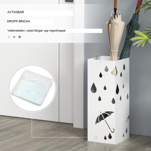 Vitt paraplyställ med 4 krokar | Rymmer 6 paraplyer, galvaniserad stålkonstruktion, dekorativ regndroppsdesign, avtagbar droppbricka