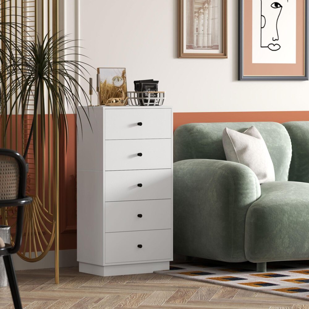 Byrå med 5 lådor och modern vit finish – robust konstruktion, säkerhetsfunktion som inte lutar och mångsidiga förvaringslösningar