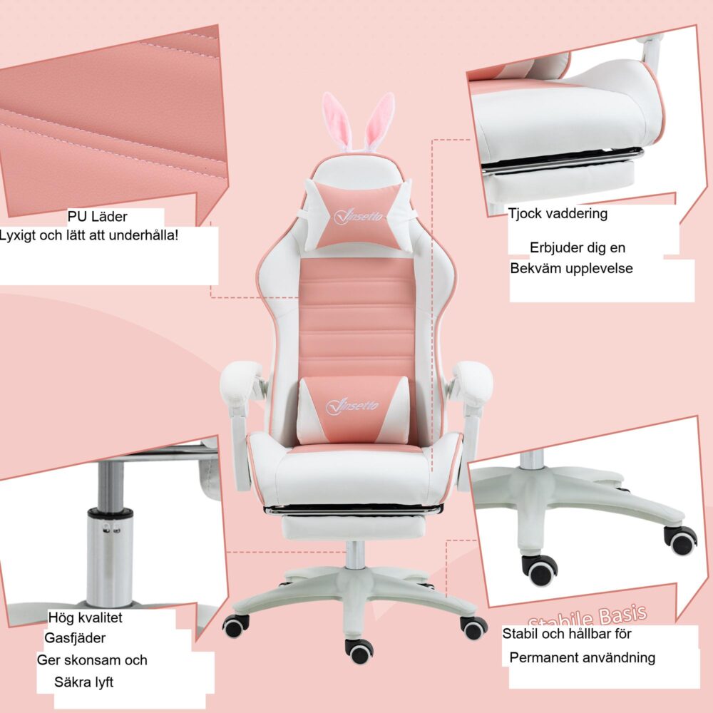 Ergonomisk spelstol med kaninöron – justerbar höjd och lutningsfunktion, utdragbart fotstöd, svankstöd, rosa