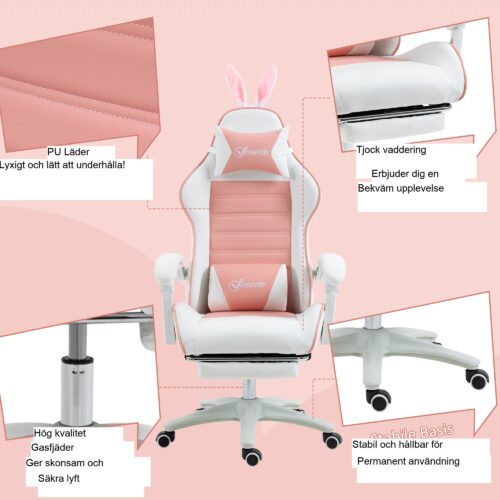 Ergonomisk spelstol med kaninöron – justerbar höjd och lutningsfunktion, utdragbart fotstöd, svankstöd, rosa