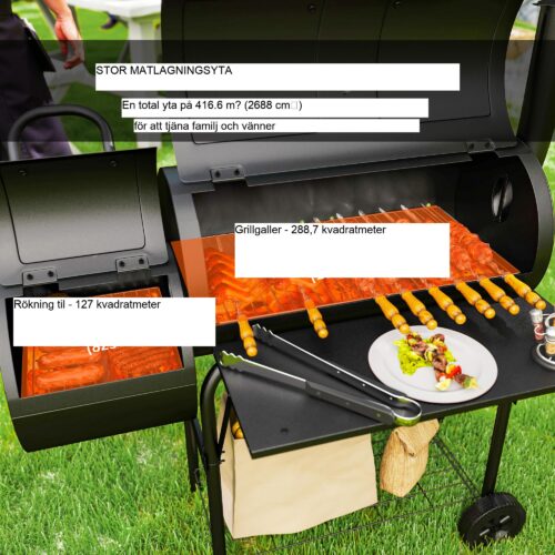 Stål kolgrill BBQ rökare med lock termometer hjul förvaring mobil grillvagn för grill camping trädgård – 2-i-1 design, hållbar stålram, enkel rörlighet