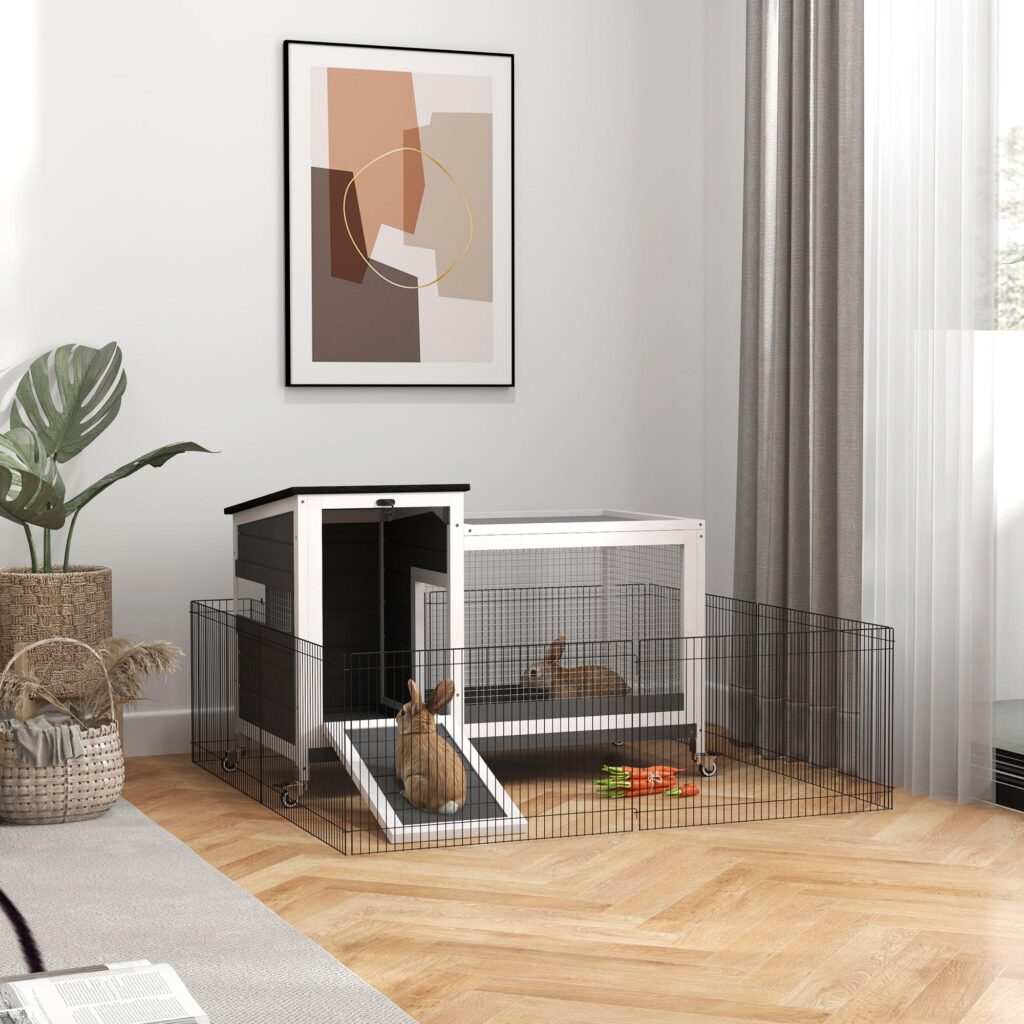 Kaninbur i trä med utdragbar bricka och hjul - Enkel rengöring, väderbeständig design för 1-2 kaniner