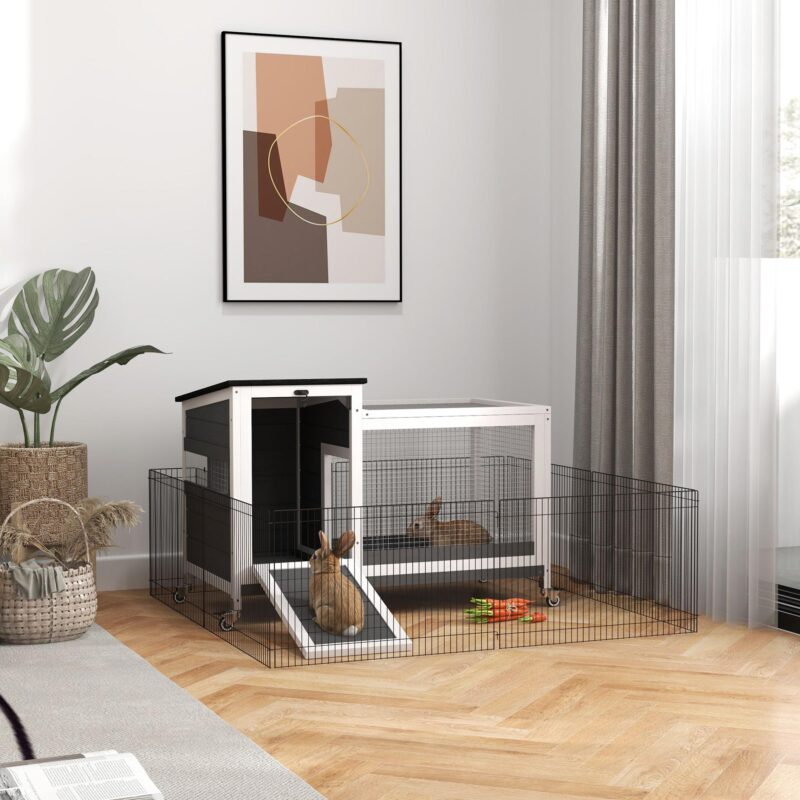 Kaninbur i trä med utdragbar bricka och hjul – Enkel rengöring, väderbeständig design för 1-2 kaniner