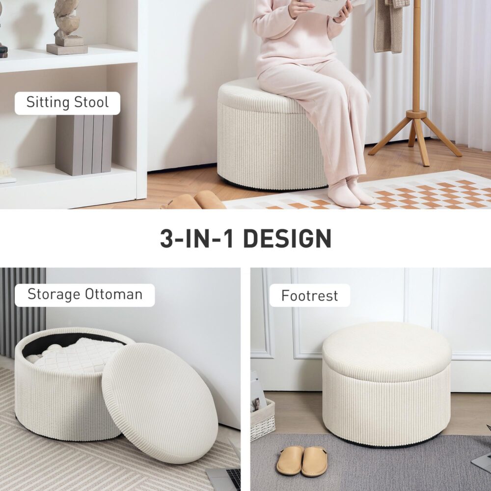Rund ottoman med 97L dold förvaring | Corduroy Pall med snabbmontering