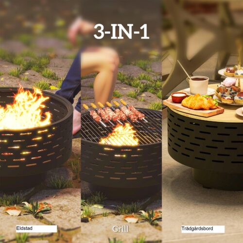 3-i-1 eldskål | Mångsidig utomhus eldstad och grill med säkerhetslock och poker – Konstruktion i rostfritt stål för trädgård, uteplats, camping