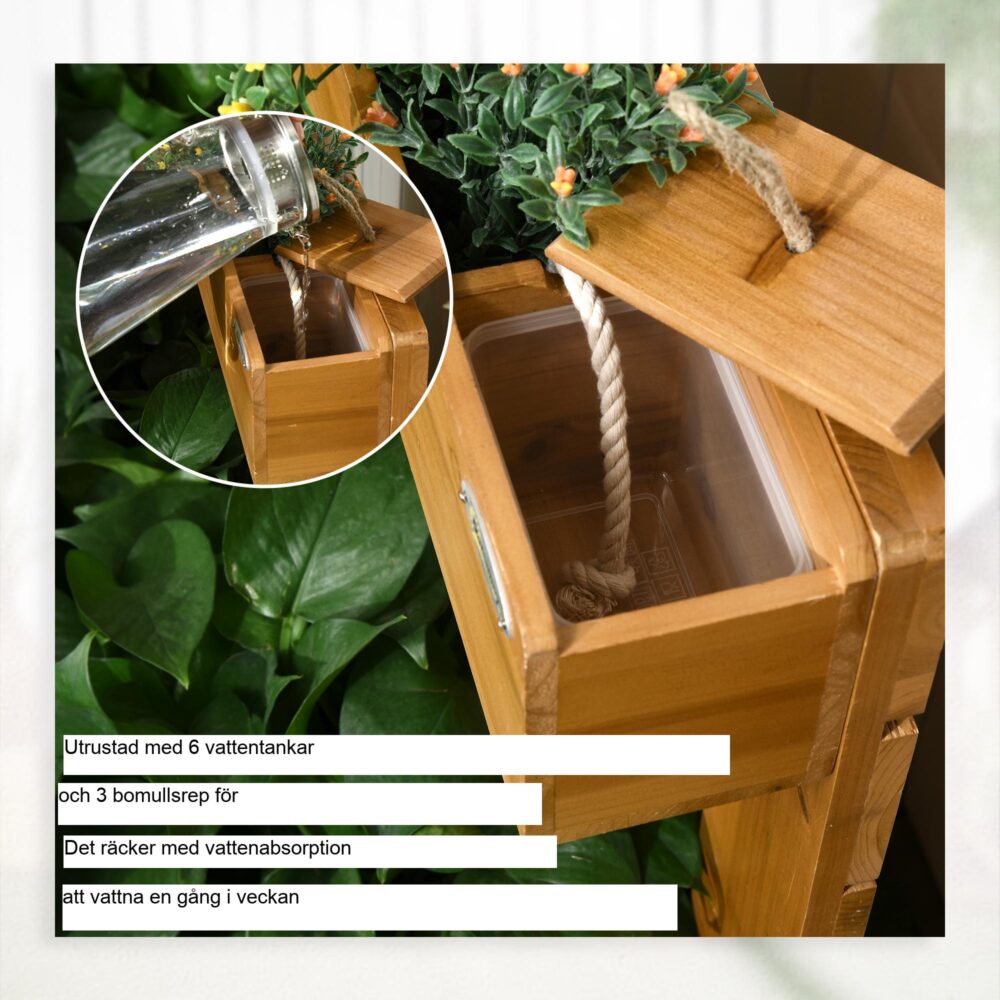 Självvattnande planteringslåda med 4 planteringslådor, ram i massivt trä, fleecefoder – 79,5 x 49,5 x 80 cm