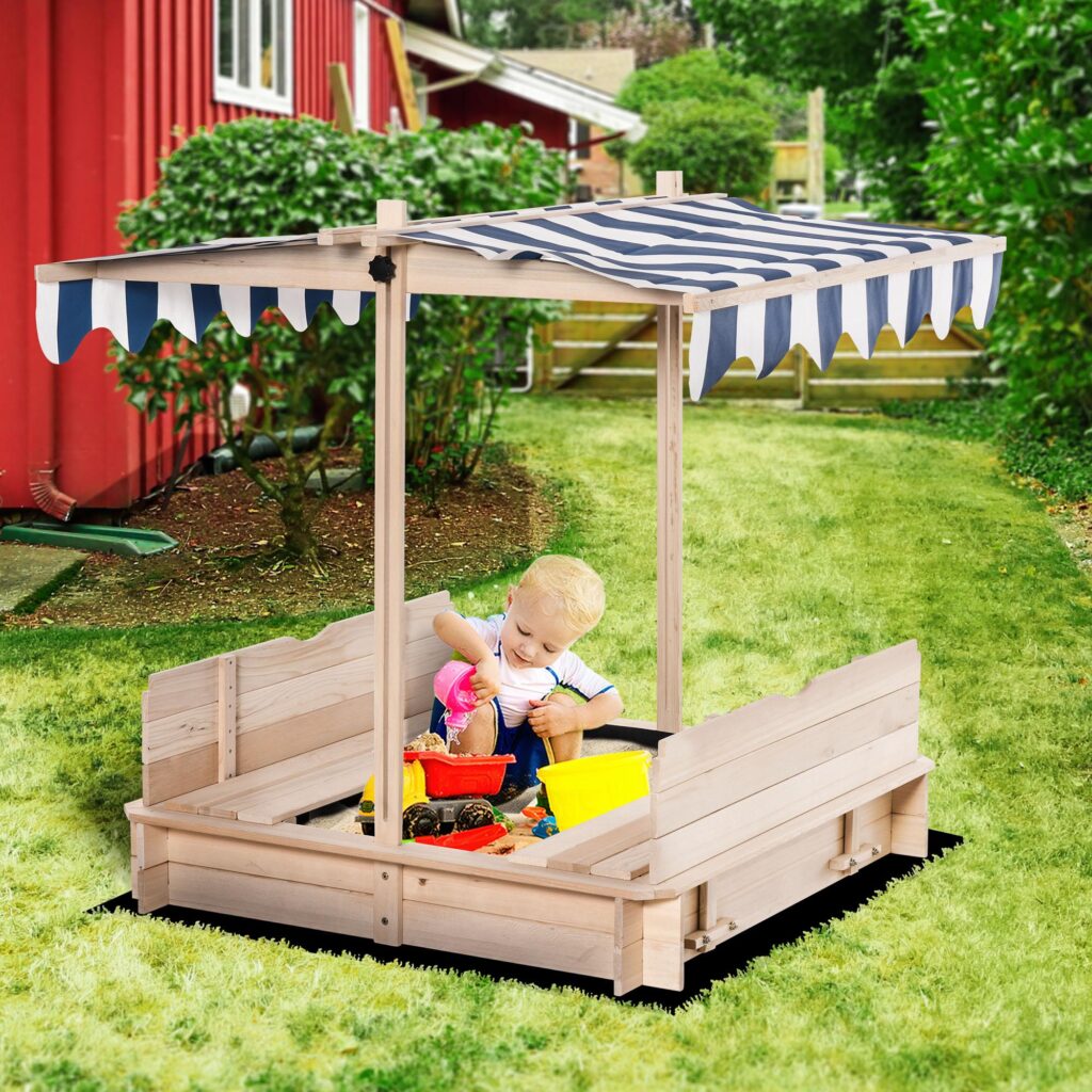 Justerbar sandlåda med barntak och hållbar konstruktion i granträ - hopfällbar och lekvänlig design