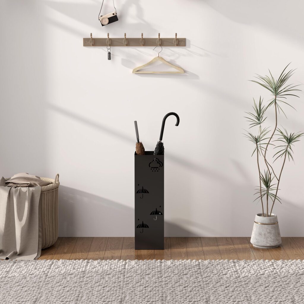 Elegant paraplyställ med 4 justerbara krokar - fångar upp vatten för torra golv och snygg entrédesign