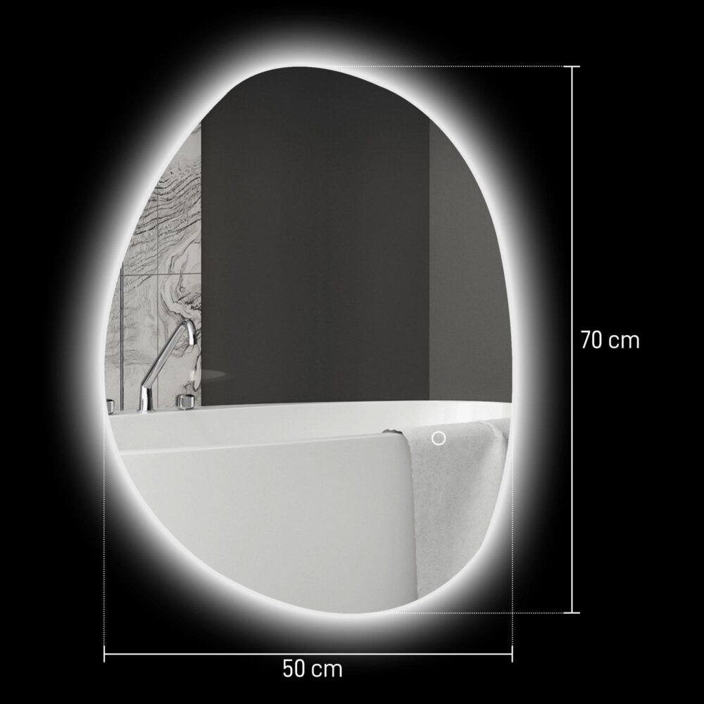 Badrumsspegel med belysning | 70×50 cm LED-pekbrytare, 3 färgtemperaturer (varm, neutral, kallvit), anti-dimma-funktion, minnesinställning, IP44 vattenskydd