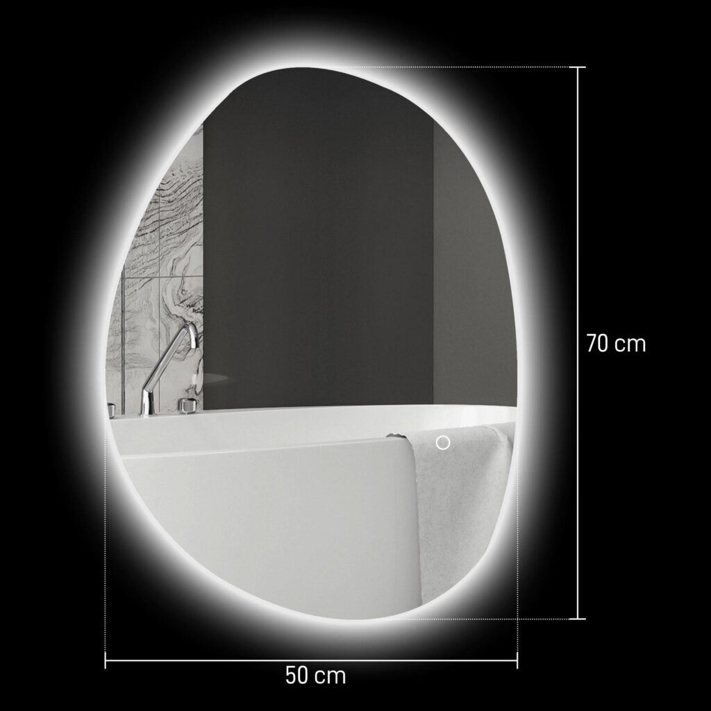 Badrumsspegel med belysning | 70x50 cm LED-pekbrytare, 3 färgtemperaturer (varm, neutral, kallvit), anti-dimma-funktion, minnesinställning, IP44 vattenskydd