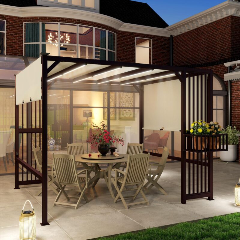 Pergola Paviljong 3×2,5m med Justerbar taklucka, Insynsskydd och Planteringskärl – Mörkbrun