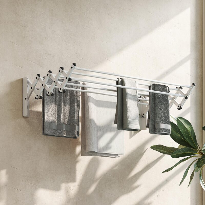 Vägghängd torkställning med 8 aluminiumstänger – platsbesparande design och justerbar för inomhus/utomhusbruk