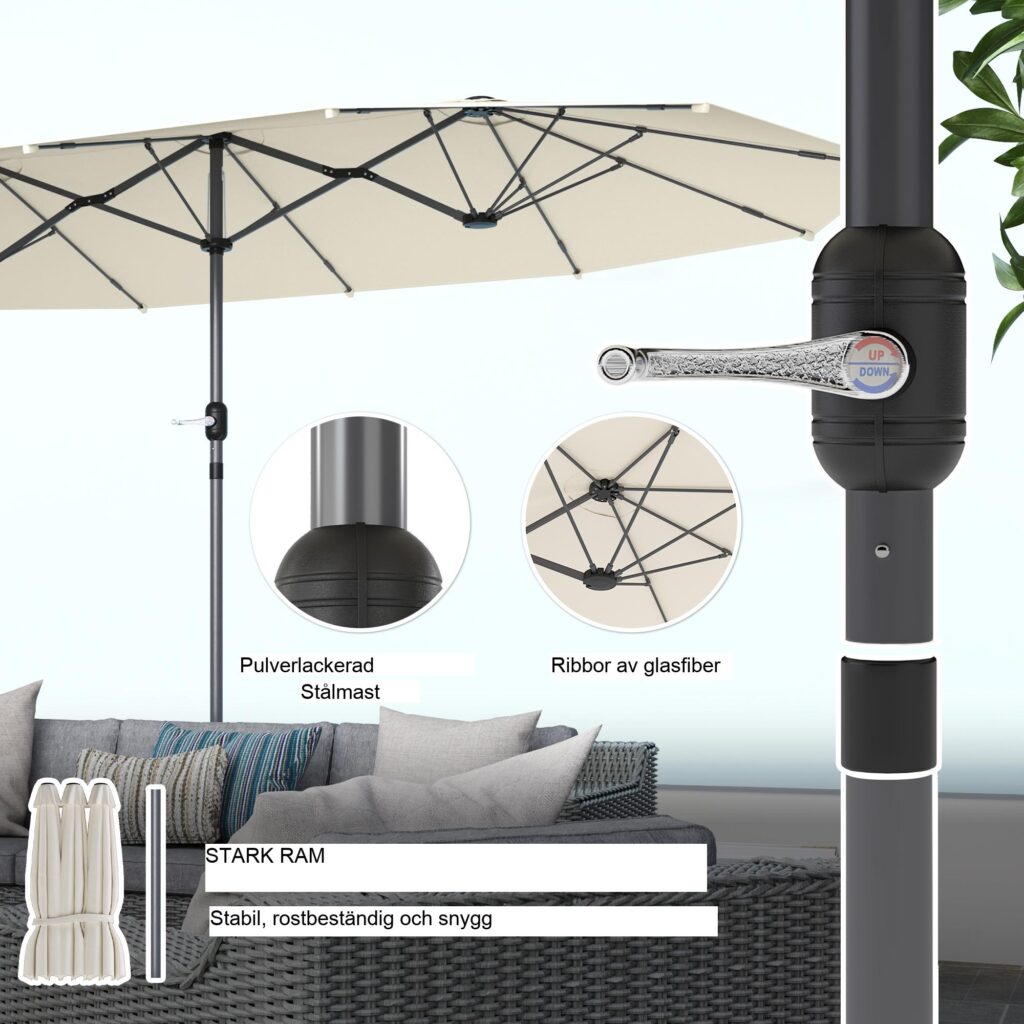 Dubbel parasoll UV-skydd Stål- och glasfiberkonstruktion med handvev - Extra stor skugga för trädgård, strand eller balkong