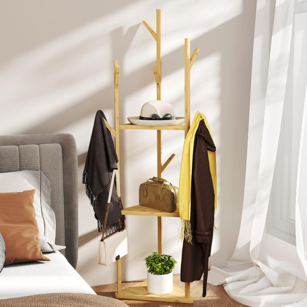 Klädhängare i bambu med snygg träddesign – 8 krokar, 3 nivåer, 45x45x170 cm