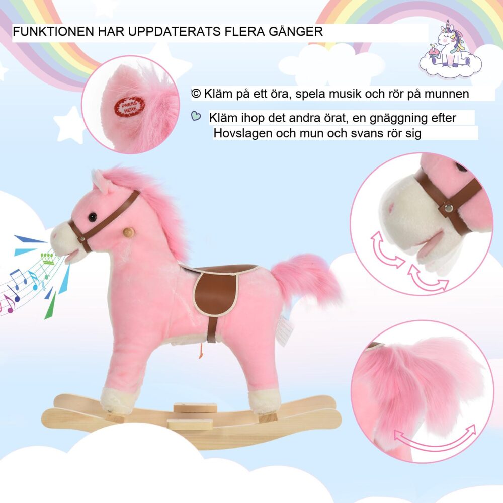 Rocking Horse Rosa Plyschleksak med djurläten för barn – Autentisk gnäggning och musik, mjuk åktur, säker och hållbar