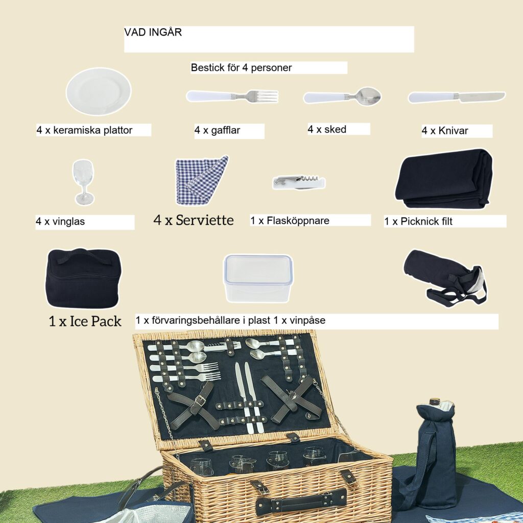 Willow Picnic Basket Resväska för 4 med isolerad kylare och komplett bestickset - Handgjord naturlig rotting