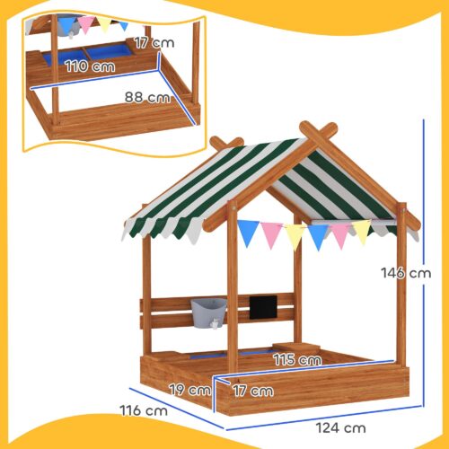 Väderbeständig sandlåda i trä med tak, lekhusdesign för 3-7-åringar, inkluderar omfattande lekset, hållbar grankonstruktion