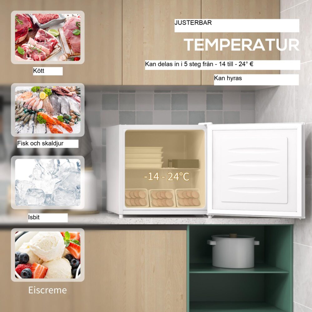 Minifrys 35L kapacitet – 5-stegs justerbar temperaturkontroll, energieffektiv med R600a kompressor, kompakt och platsbesparande design