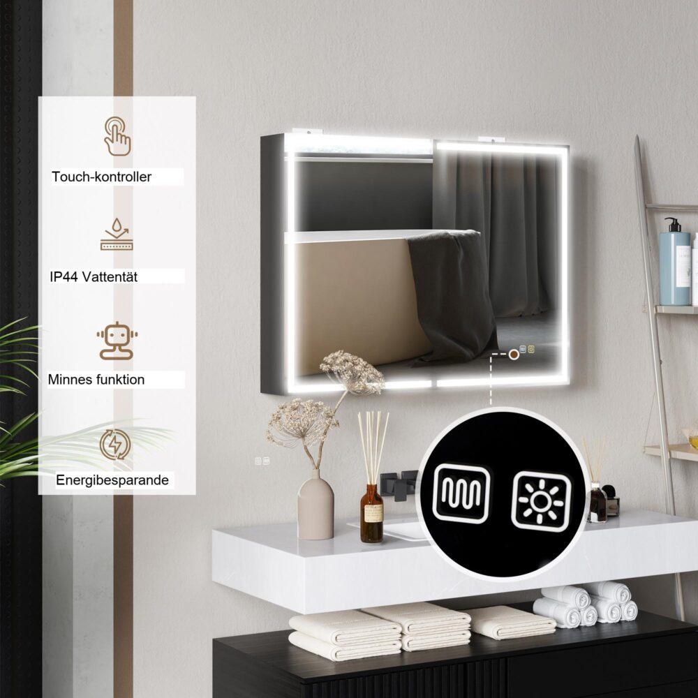 Justerbar LED-belysning | Mjukstängande dörrar | Spegelskåp i härdat glas och aluminiumlegering med anti-dimfunktion