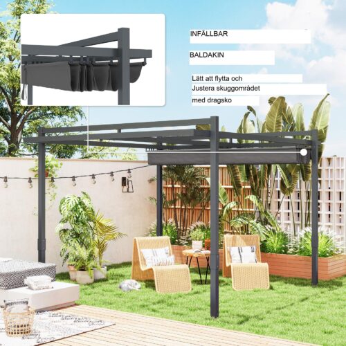 Pergola Paviljong 3,5x3m aluminium Stabil Vinterbeständig med Justerbar Taklucka – UPF50+ Skydd, rostfri ram och markankare ingår