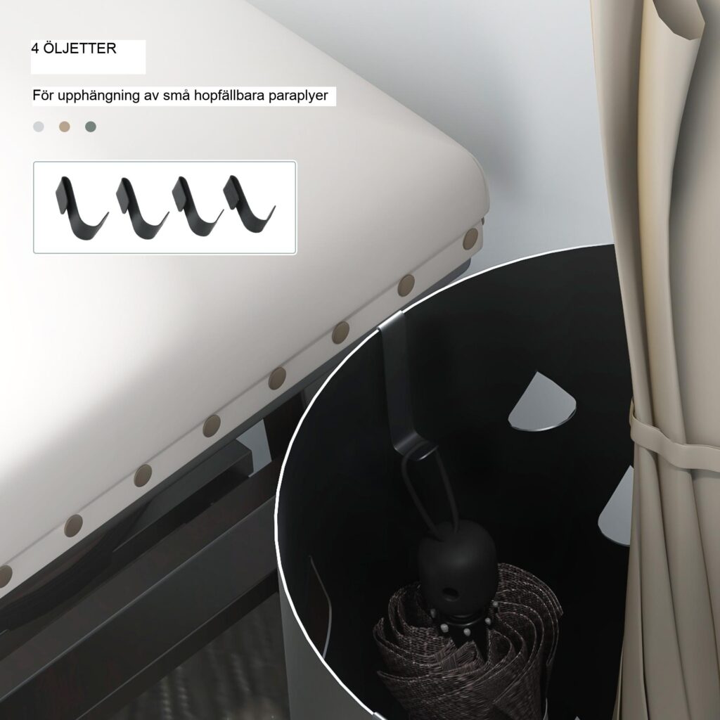 Elegant paraplyställ med 4 krokar, rymmer 6 paraplyer, dekorativ regndroppsdesign, galvaniserad stålkonstruktion, rostbeständig, enkel rengöring med avtagbar droppbricka - mörkgrå