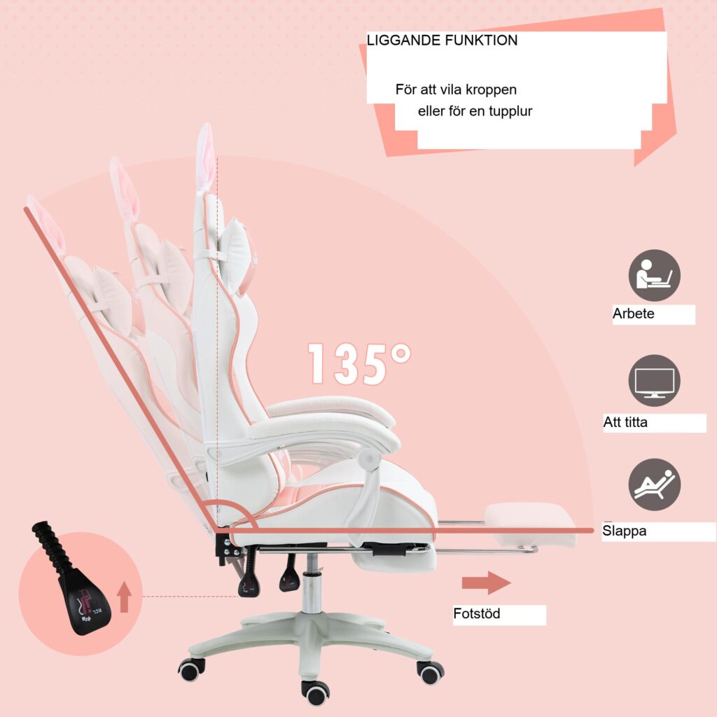 Ergonomisk spelstol med kaninöron - justerbar höjd och lutningsfunktion, utdragbart fotstöd, svankstöd, rosa