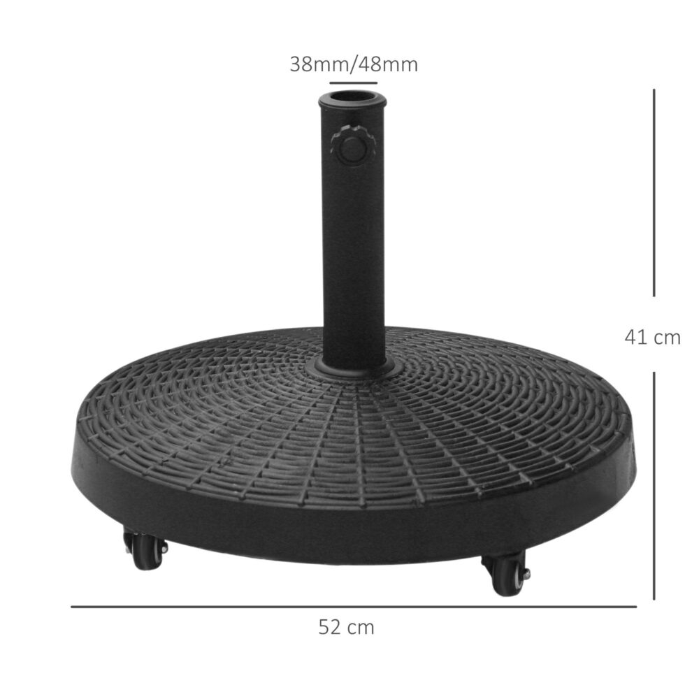 Elegant parasollfot i rottinglook med hjul – 25 kg kraftig och lätt att flytta | Inkluderar två adapterhylsor för Ø38/48mm stolpar
