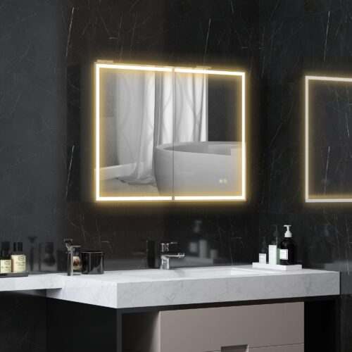 Justerbar LED-belysning | Mjukstängande dörrar | Spegelskåp i härdat glas och aluminiumlegering med anti-dimfunktion