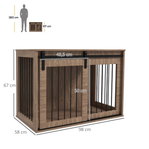 Hundbur med skjutdörr för stora hundar upp till 30 kg, robust och säker trädesign, valnötsfinish