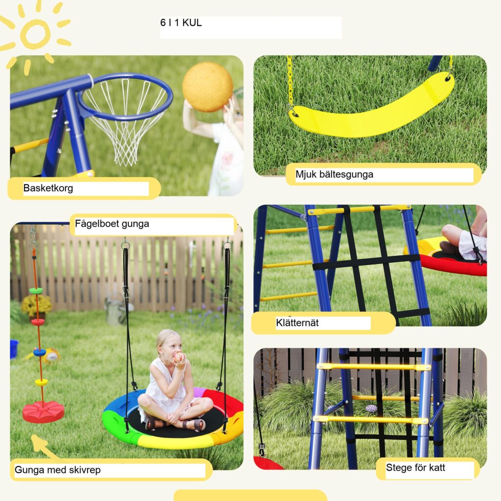 6-i-1 stålgunga för barn | Multi-Activity Fun Frame med bältesgunga, Nest Swing, klätternät, basketkorg och enkel montering för barn i åldrarna 3-8