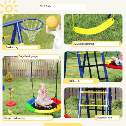 6-i-1 stålgunga för barn | Multi-Activity Fun Frame med bältesgunga, Nest Swing, klätternät, basketkorg och enkel montering för barn i åldrarna 3-8