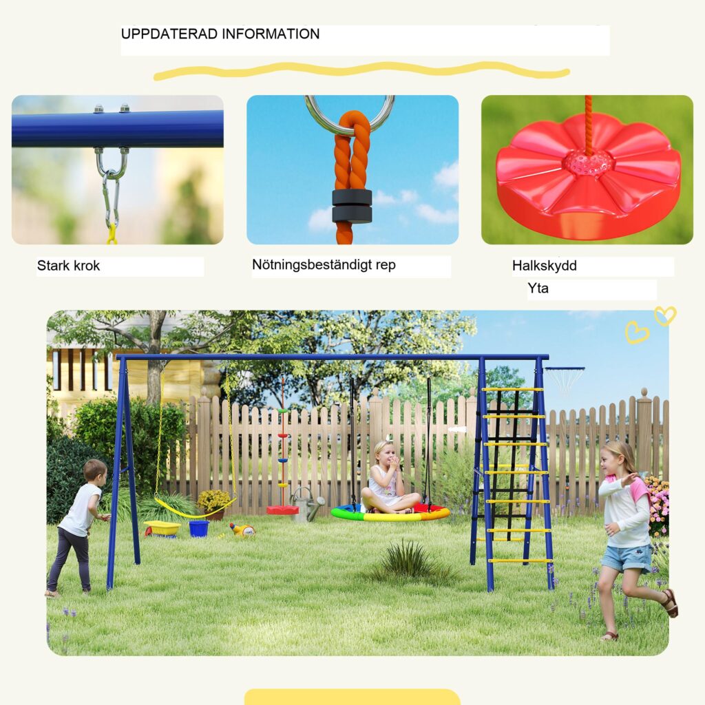 6-i-1 stålgunga för barn | Multi-Activity Fun Frame med bältesgunga, Nest Swing, klätternät, basketkorg och enkel montering för barn i åldrarna 3-8