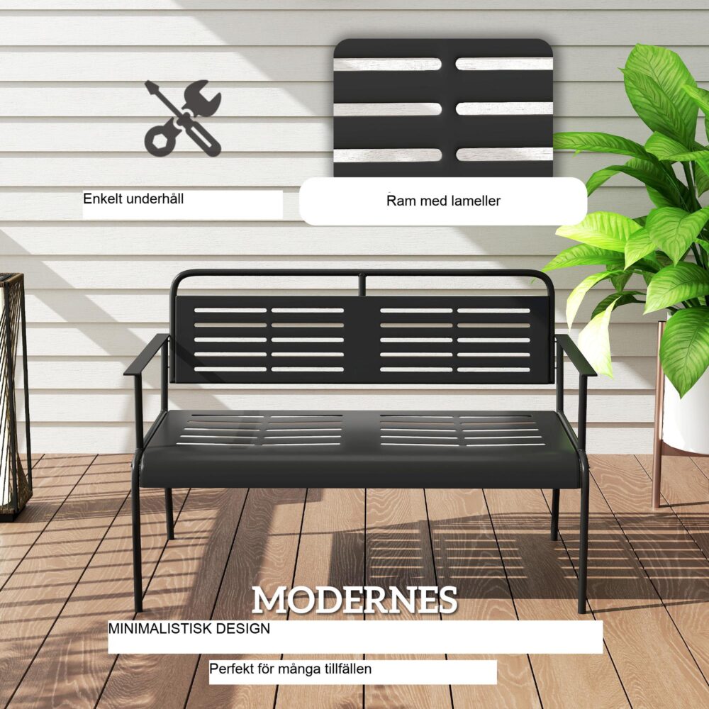 Robust 2-sits trädgårdsbänk i stål med bekvämt ryggstöd och armstöd | Vattenavvisande lamelldesign | 240 kg lastkapacitet