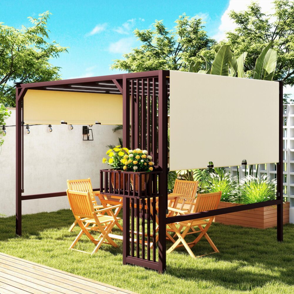 Pergola Paviljong 3×2,5m med Justerbar taklucka, Insynsskydd och Planteringskärl – Mörkbrun