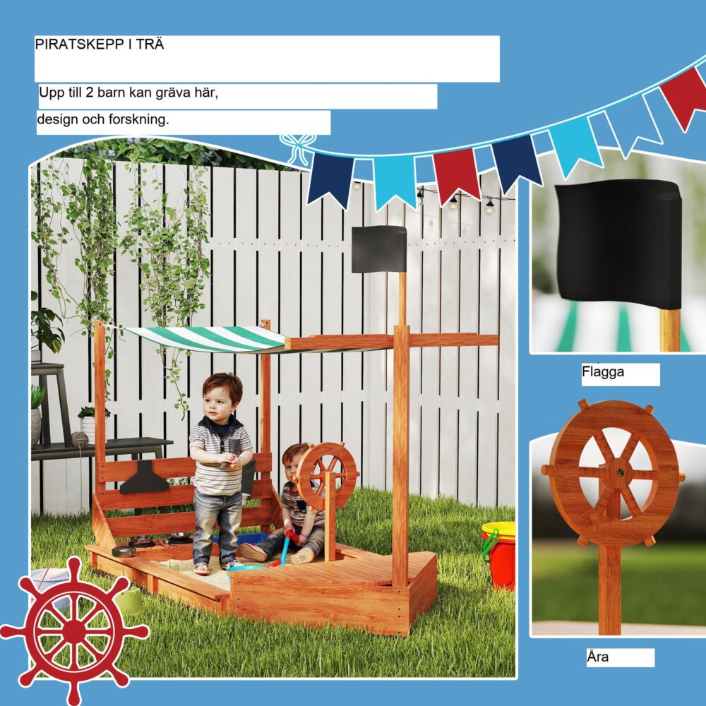 Stor sandlåda med piratskepp i trä med kökslekset och solskydd | Bottenfri design för enkel dränering | Robust konstruktion av granträ | Dimensioner 180x103x144.5 cm | Kapacitet 0,7 m³/110 kg | 3-7 år