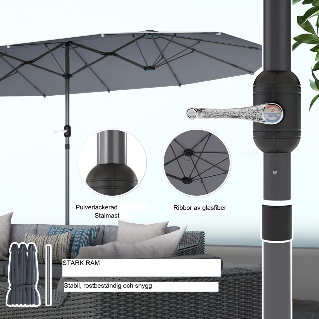 Dubbelt parasoll 436x260 cm - UV-skydd, Vindtätt stabilt stålparasoll med handvev för trädgård och strand