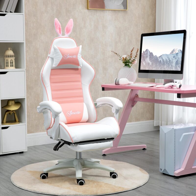Ergonomisk spelstol med kaninöron – justerbar höjd och lutningsfunktion, utdragbart fotstöd, svankstöd, rosa