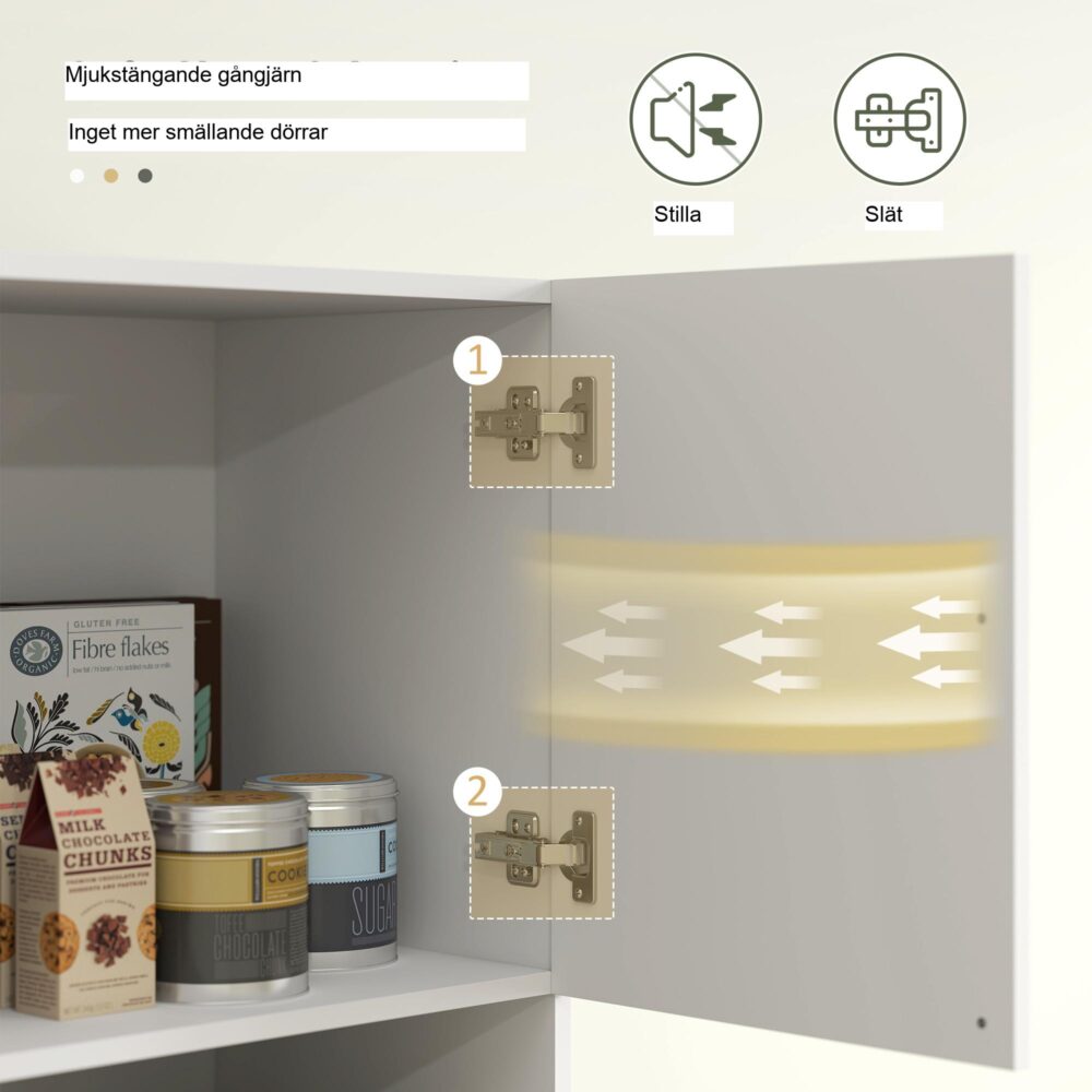 Högt köksskåp med mikrovågshylla och soft close-dörrar – rymlig förvaring, modern vit design för kök och matsal