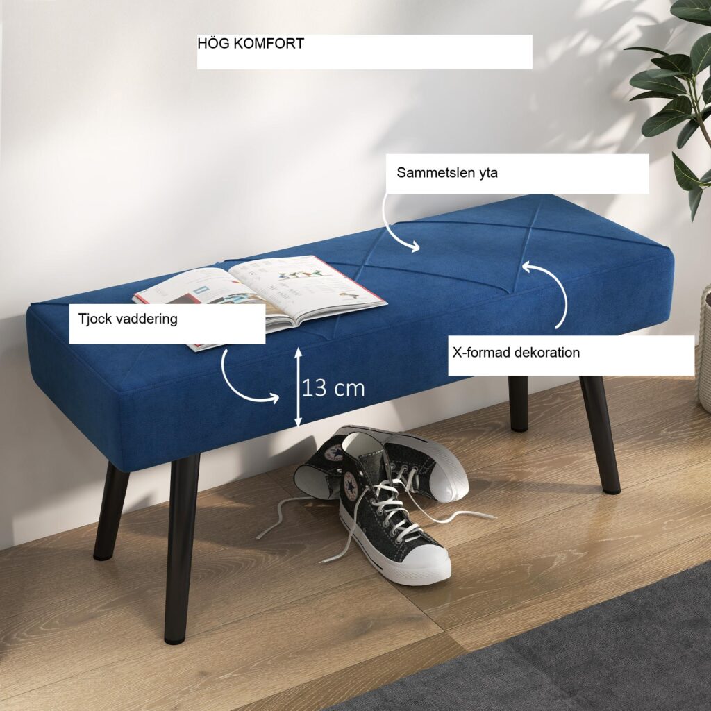 Stoppad sängbänk | Lyxig sammetslook X-mönster, robusta stålben, 120 kg lastkapacitet, perfekt för sovrum, hall eller vardagsrum - blå (100x36x45cm)