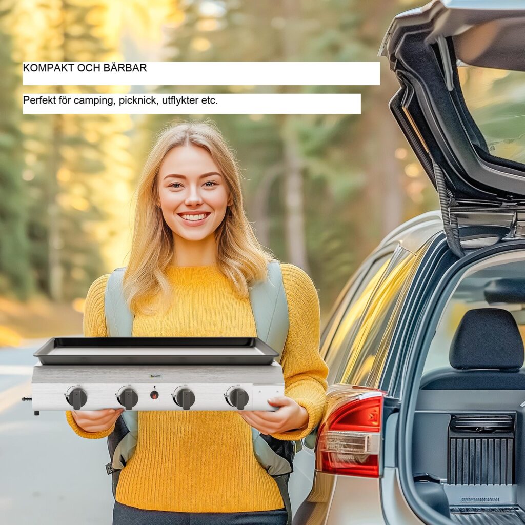 8000BTU Gasgrillvagn med fyra brännare i rostfritt stål - Kompakt och bärbar campinggrill med justerbara ben