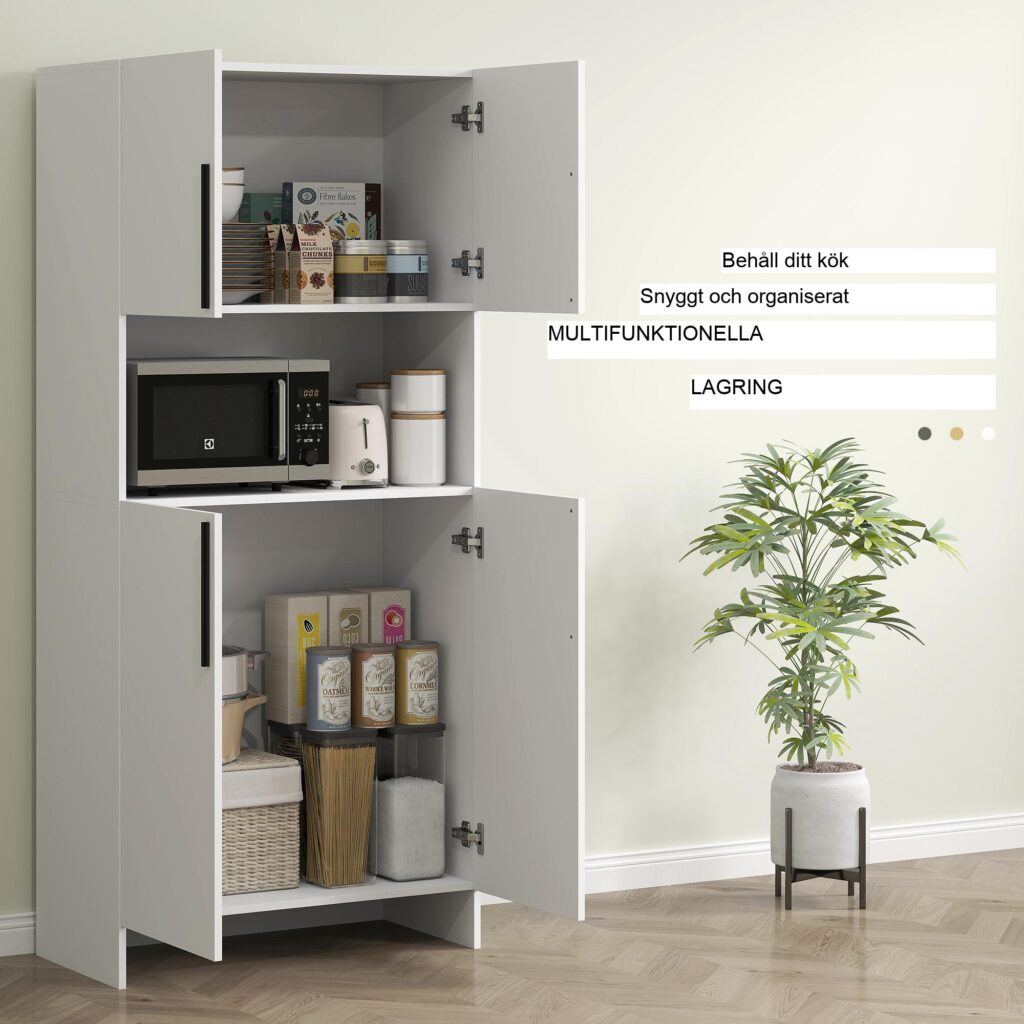 Högt köksskåp med mikrovågshylla och soft close-dörrar - rymlig förvaring, modern vit design för kök och matsal